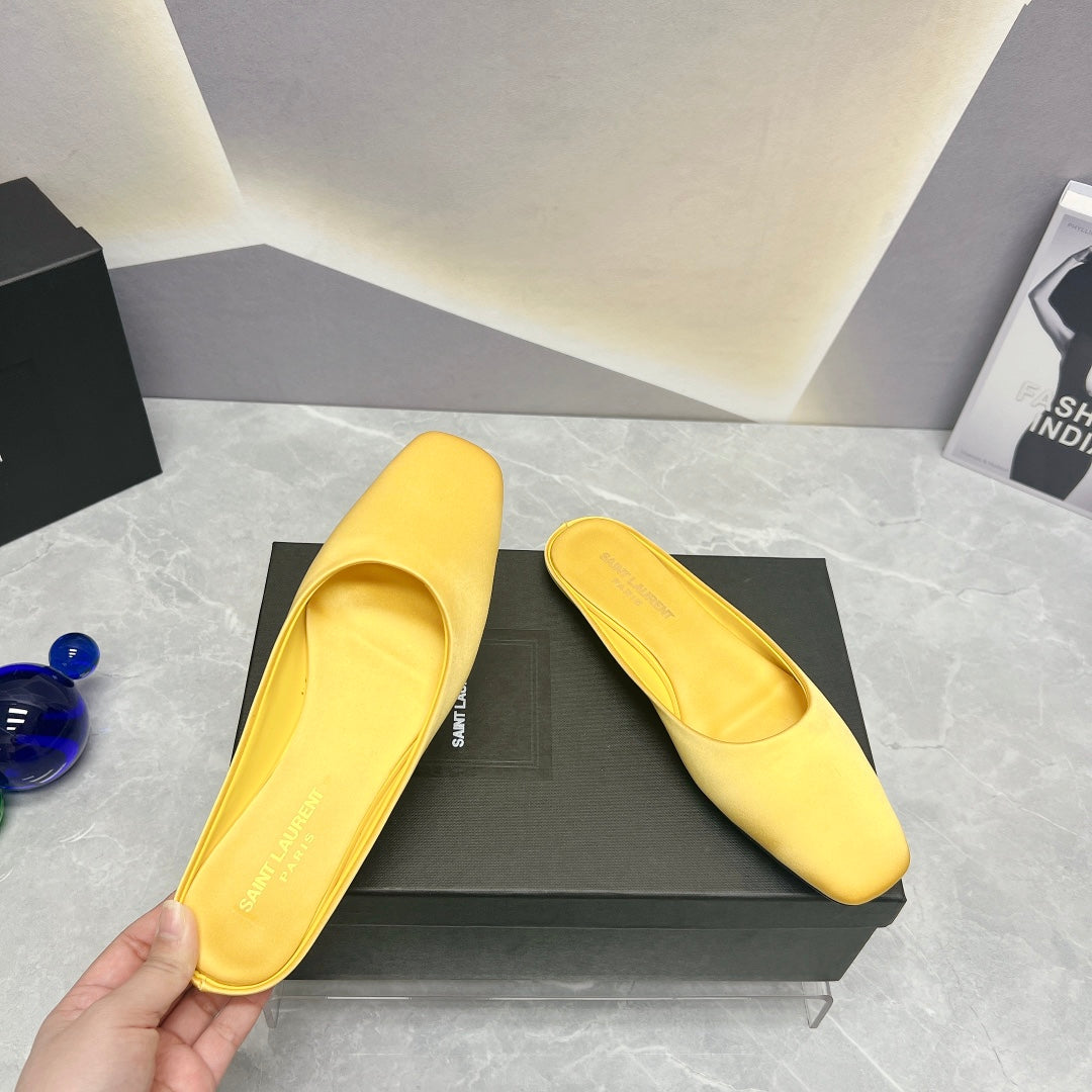 SL SQUARE TOE FLAT MULES LEMON SATIN - 35
