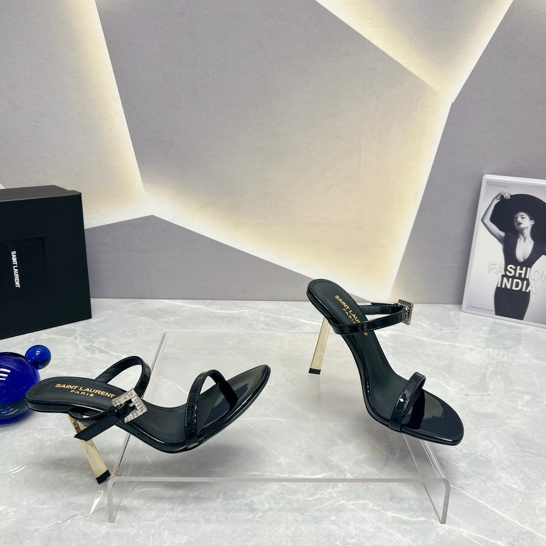 SL CRYSTAL BUCKLE HIGH HEELS BLACK CALFSKIN - 35