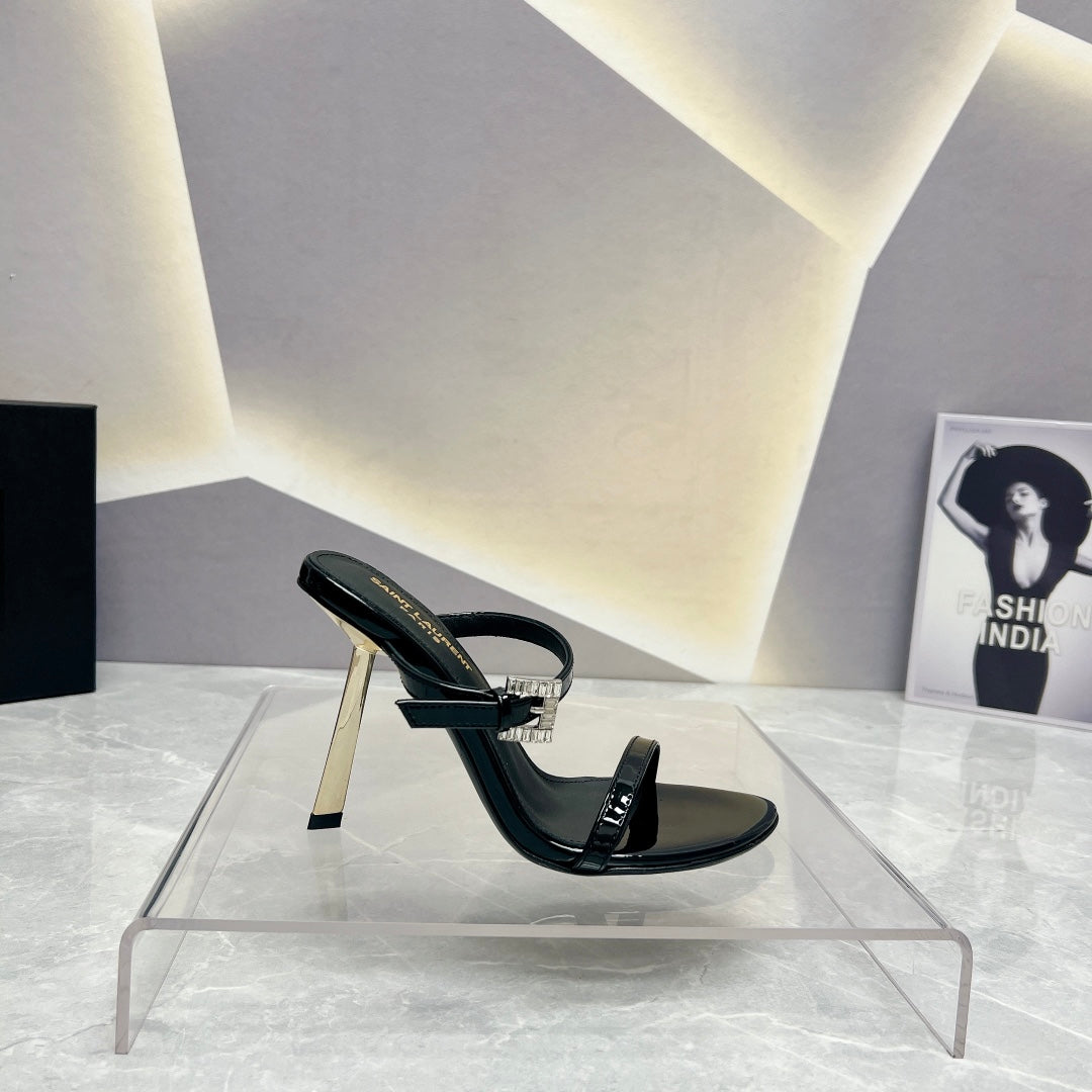 SL CRYSTAL BUCKLE HIGH HEELS BLACK CALFSKIN - 35