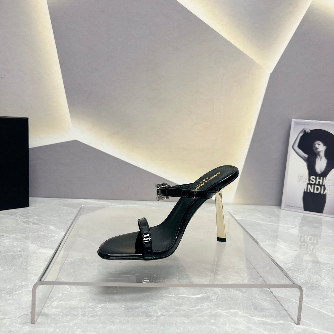 SL CRYSTAL BUCKLE HIGH HEELS BLACK CALFSKIN - 35