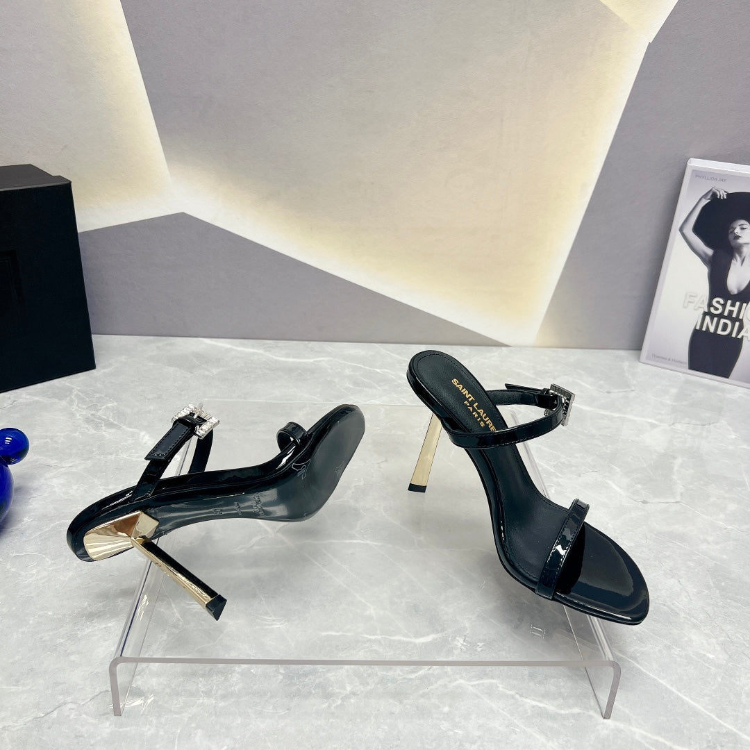 SL CRYSTAL BUCKLE HIGH HEELS BLACK CALFSKIN - 35