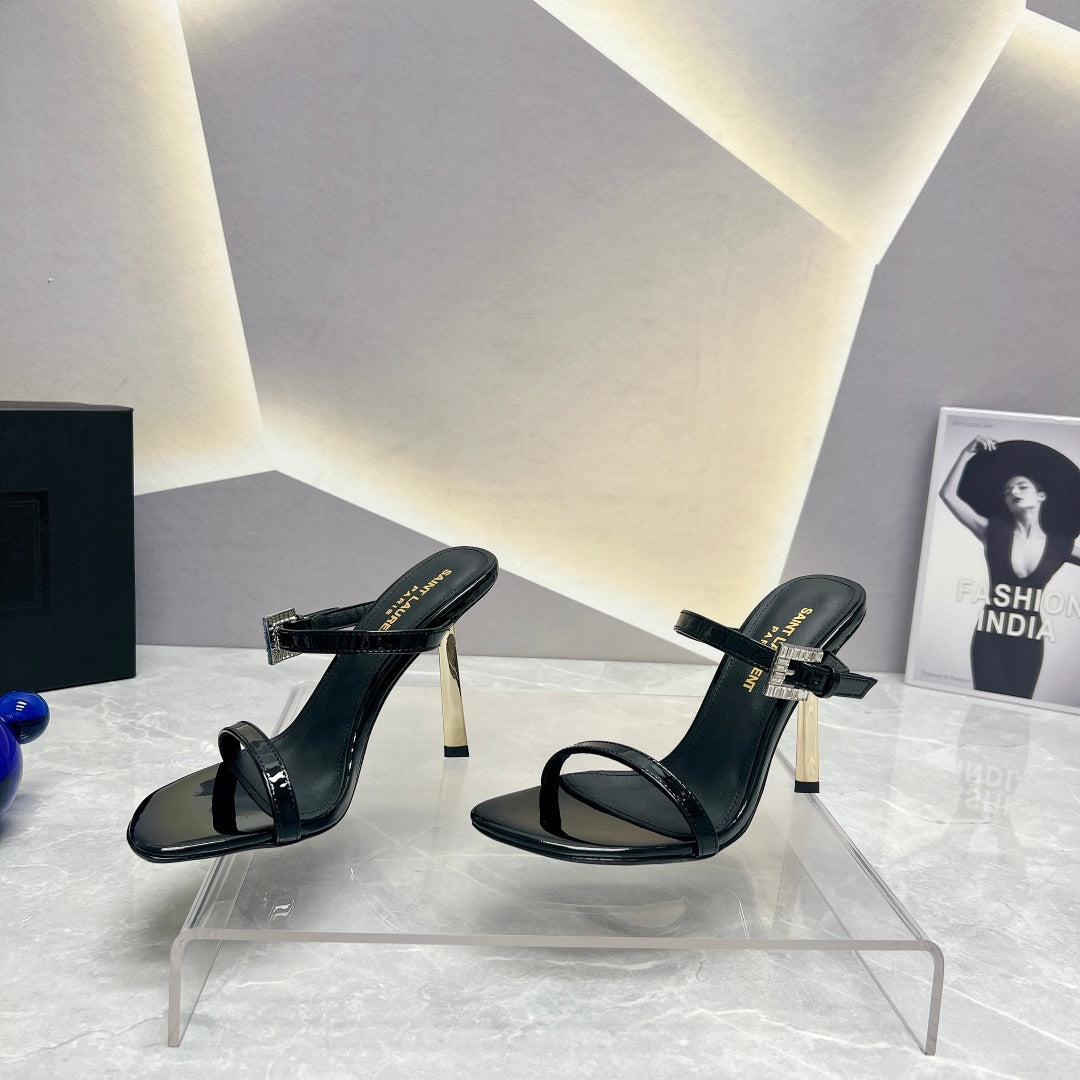 SL CRYSTAL BUCKLE HIGH HEELS BLACK CALFSKIN - 35