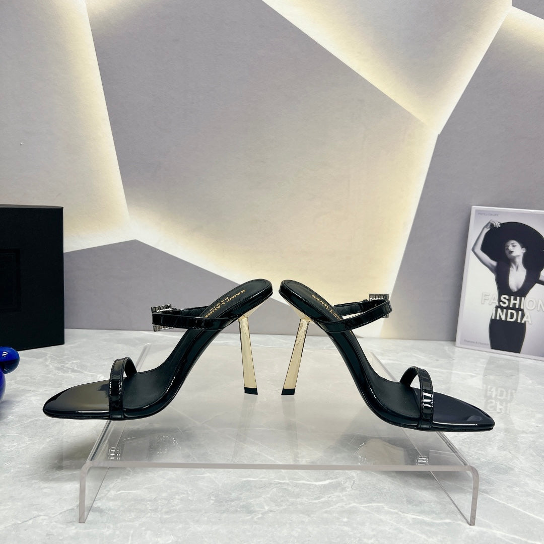 SL CRYSTAL BUCKLE HIGH HEELS BLACK CALFSKIN - 35