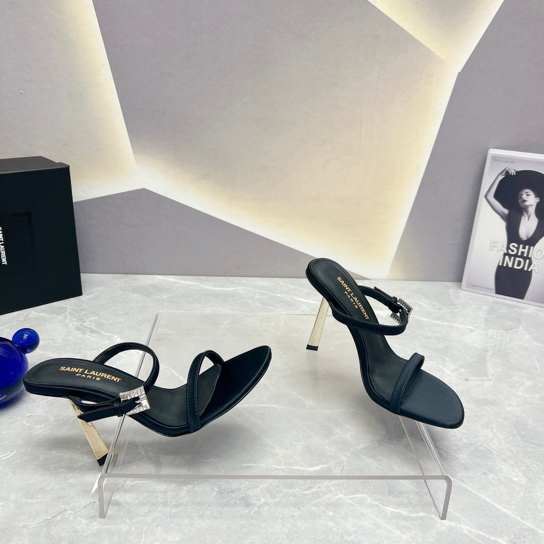 SL CRYSTAL BUCKLE HIGH HEELS BLACK SATIN - 35