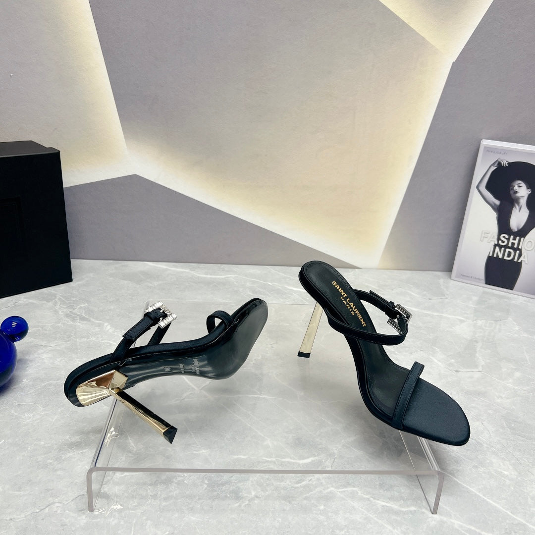 SL CRYSTAL BUCKLE HIGH HEELS BLACK SATIN - 35