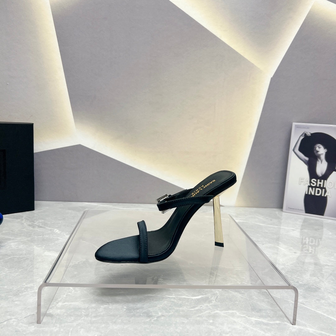 SL CRYSTAL BUCKLE HIGH HEELS BLACK SATIN - 35