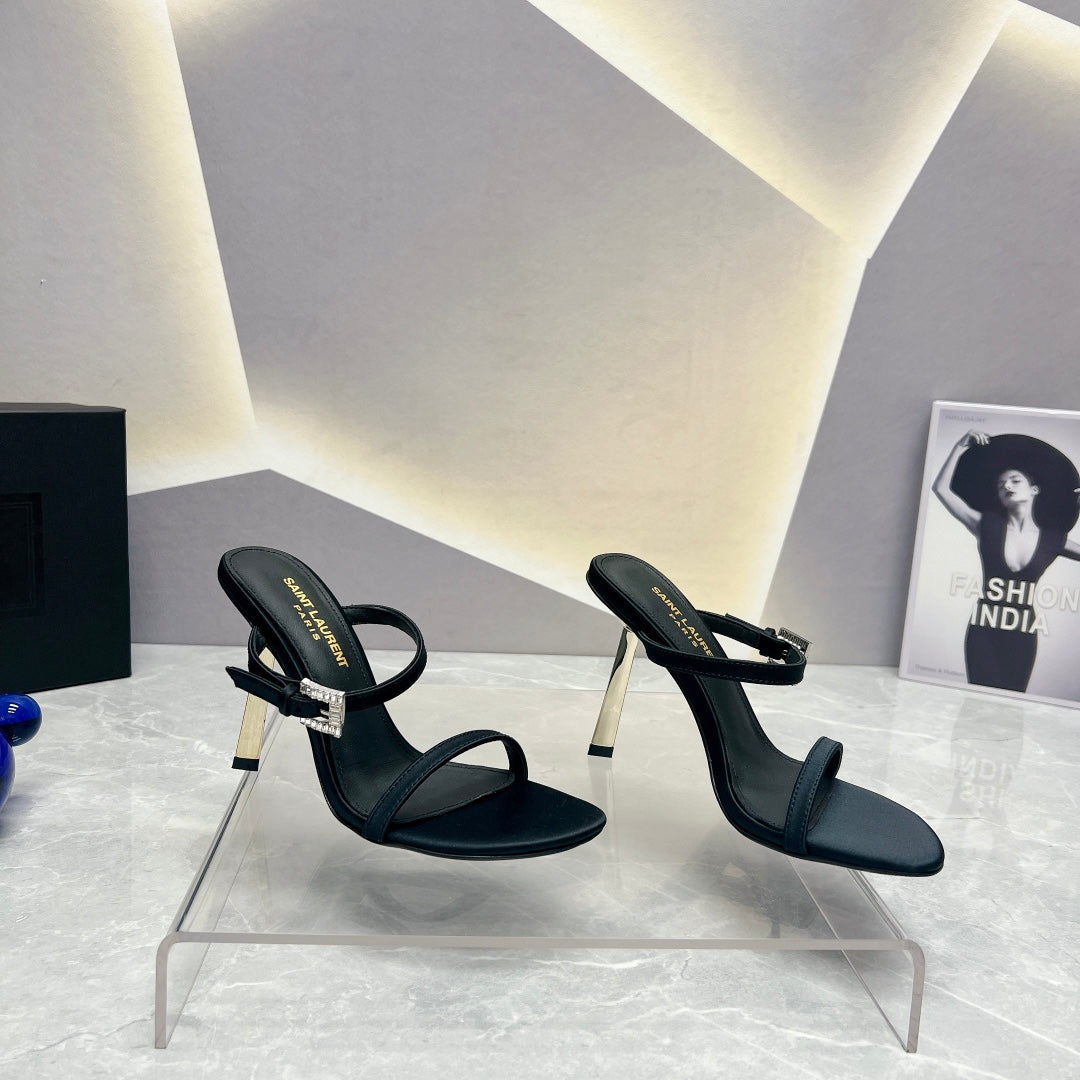 SL CRYSTAL BUCKLE HIGH HEELS BLACK SATIN - 35