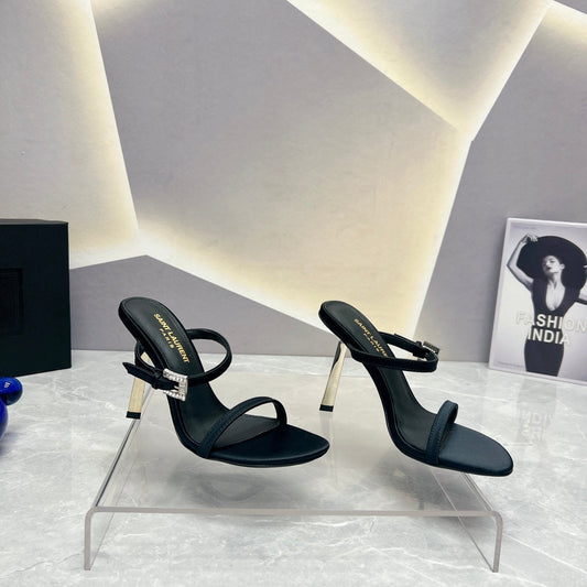 SL CRYSTAL BUCKLE HIGH HEELS BLACK SATIN - 35
