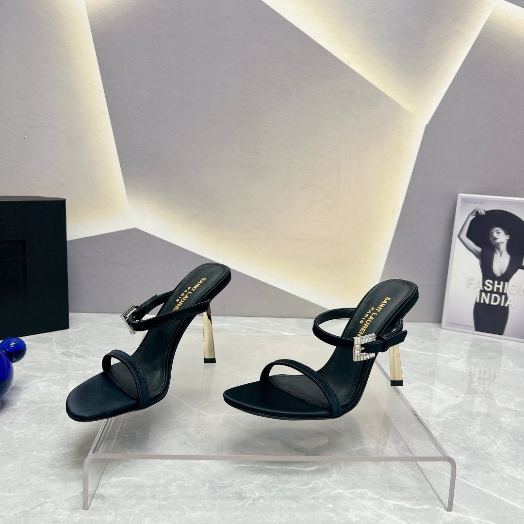 SL CRYSTAL BUCKLE HIGH HEELS BLACK SATIN - 35