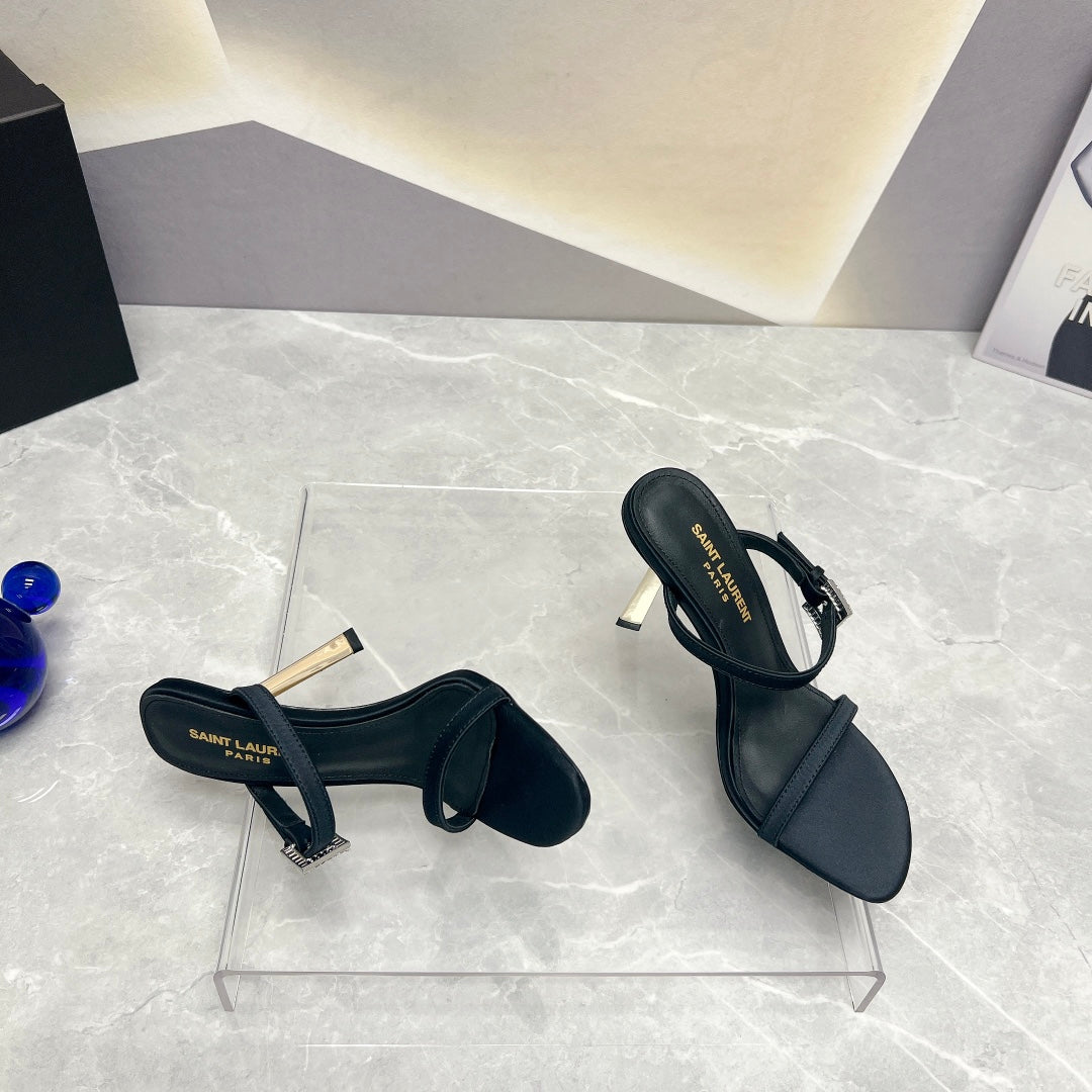 SL CRYSTAL BUCKLE HIGH HEELS BLACK SATIN - 35