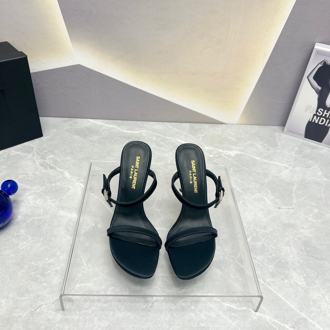 SL CRYSTAL BUCKLE HIGH HEELS BLACK SATIN - 35