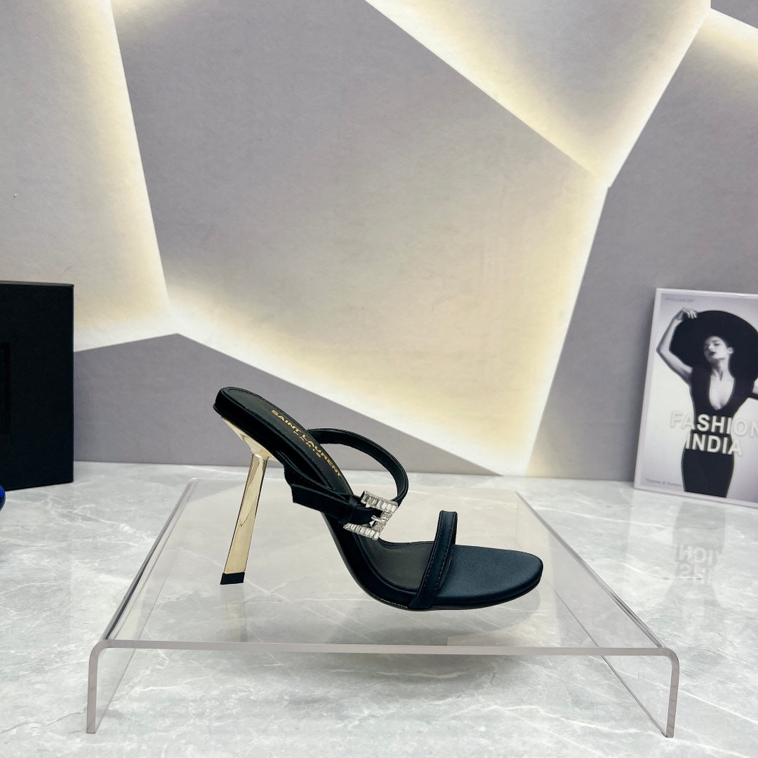 SL CRYSTAL BUCKLE HIGH HEELS BLACK SATIN - 35