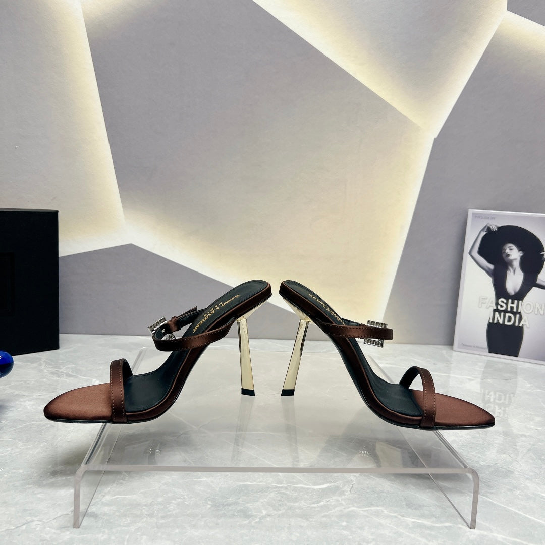 SL CRYSTAL BUCKLE HIGH HEELS BROWN SATIN - 35