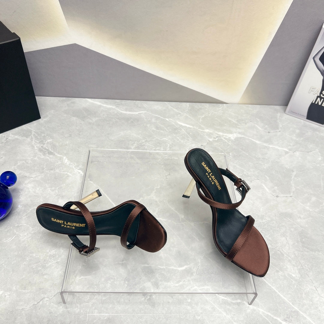 SL CRYSTAL BUCKLE HIGH HEELS BROWN SATIN - 35