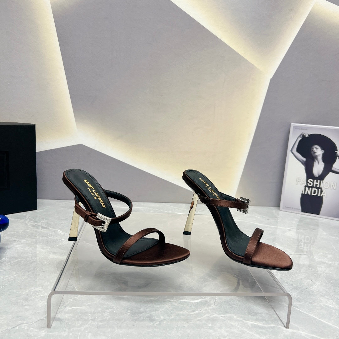 SL CRYSTAL BUCKLE HIGH HEELS BROWN SATIN - 35