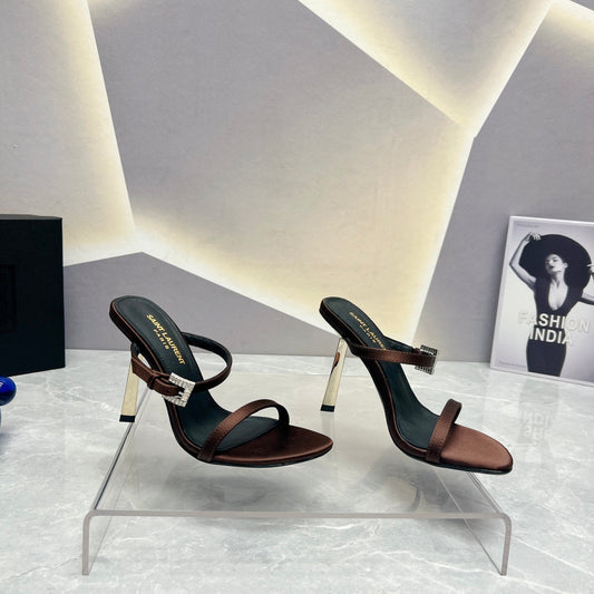 SL CRYSTAL BUCKLE HIGH HEELS BROWN SATIN - 35