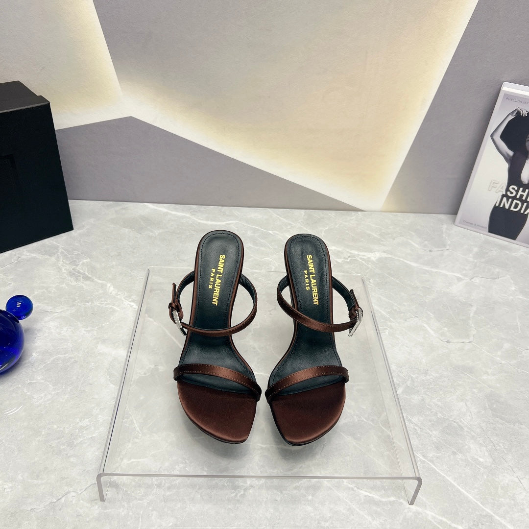 SL CRYSTAL BUCKLE HIGH HEELS BROWN SATIN - 35