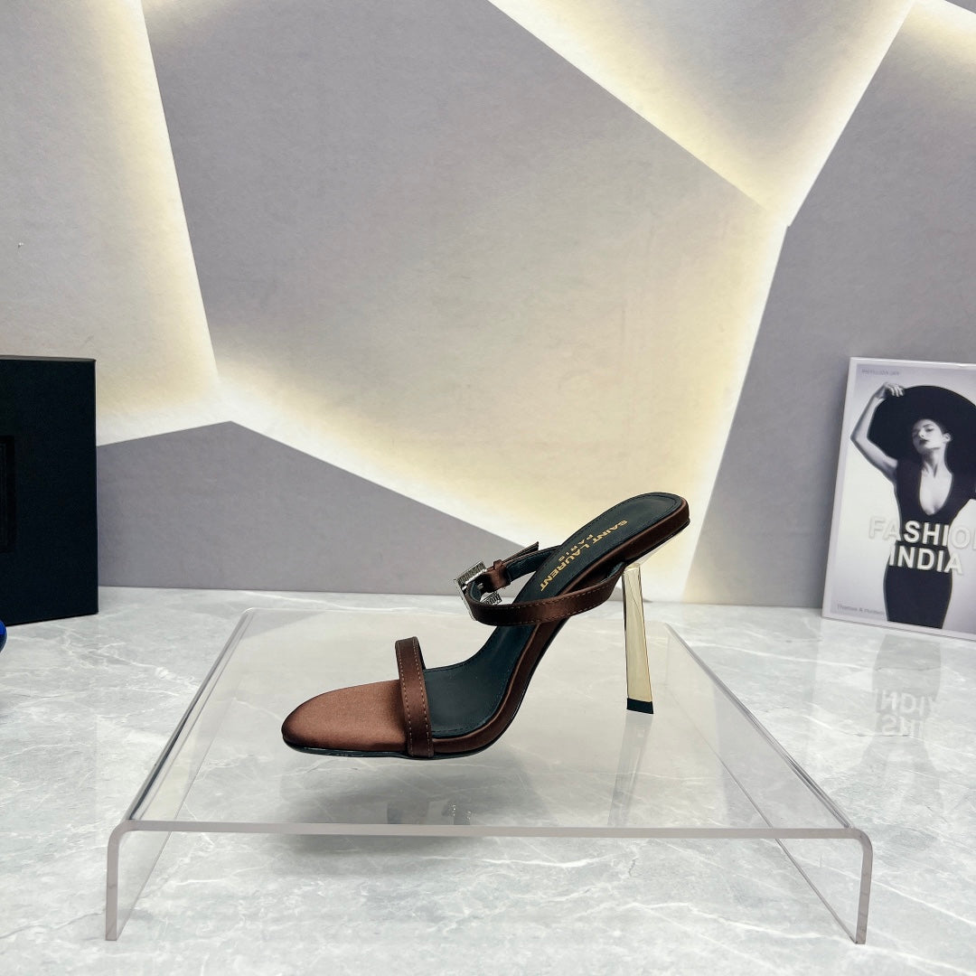SL CRYSTAL BUCKLE HIGH HEELS BROWN SATIN - 35