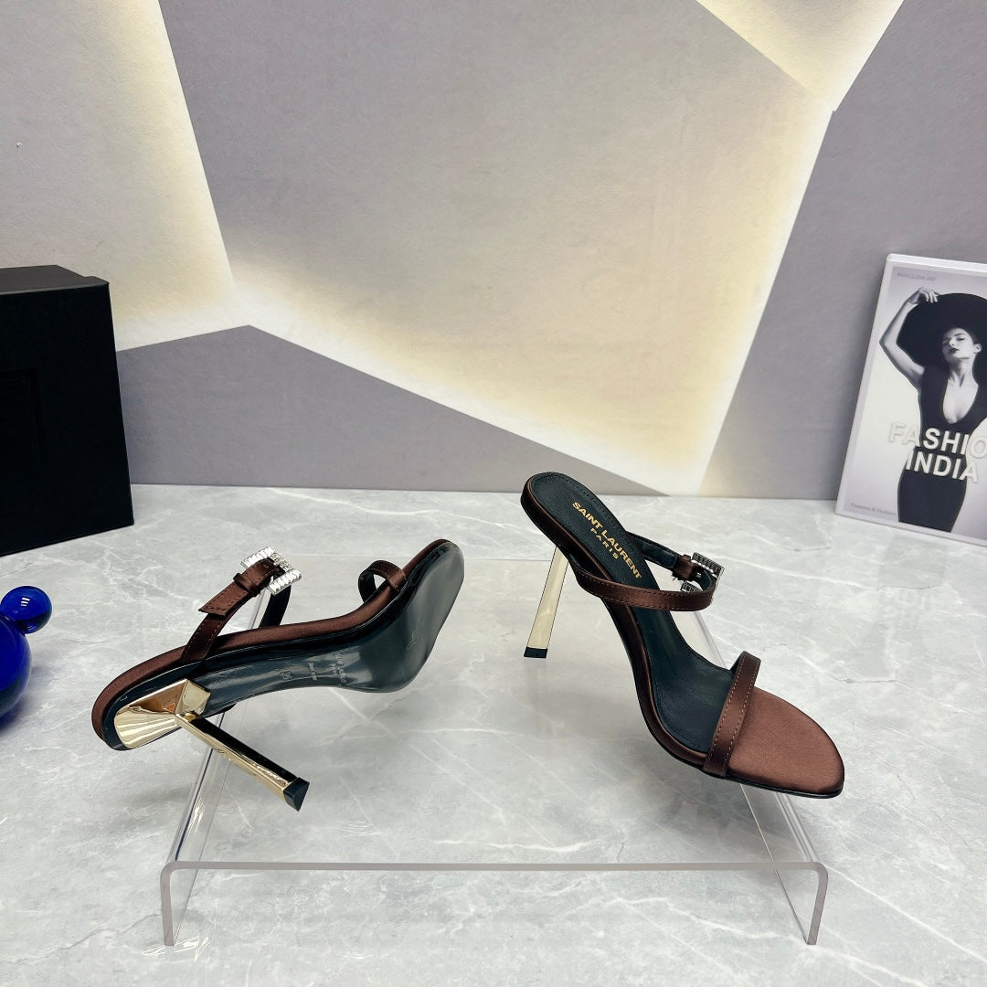 SL CRYSTAL BUCKLE HIGH HEELS BROWN SATIN - 35