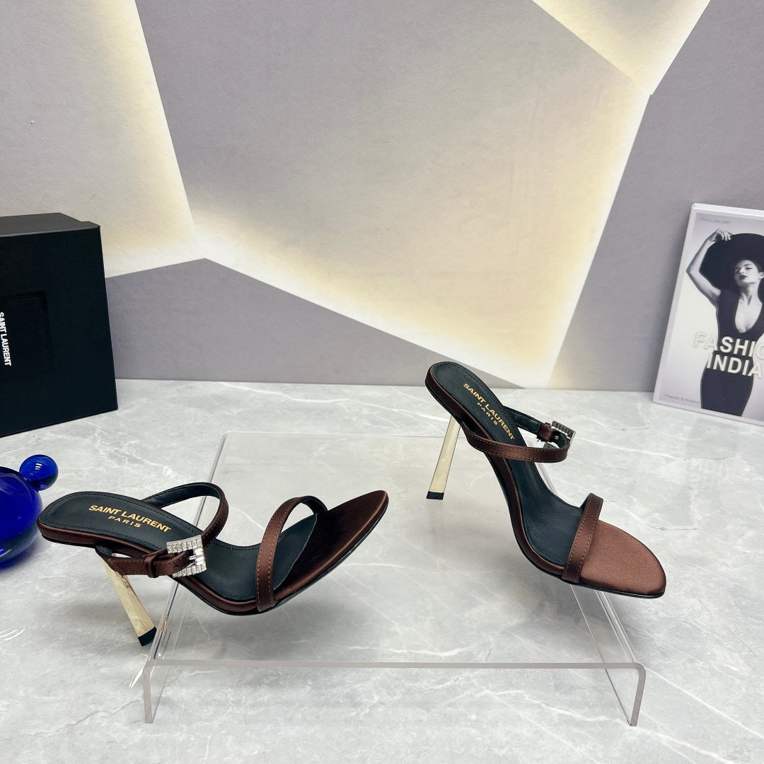 SL CRYSTAL BUCKLE HIGH HEELS BROWN SATIN - 35