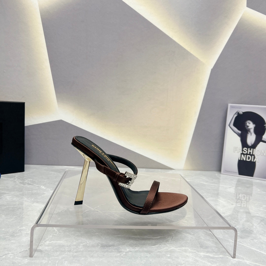 SL CRYSTAL BUCKLE HIGH HEELS BROWN SATIN - 35