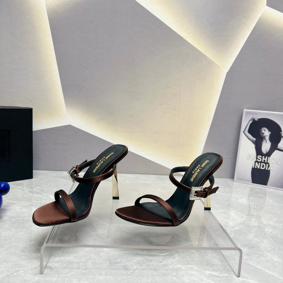 SL CRYSTAL BUCKLE HIGH HEELS BROWN SATIN - 35