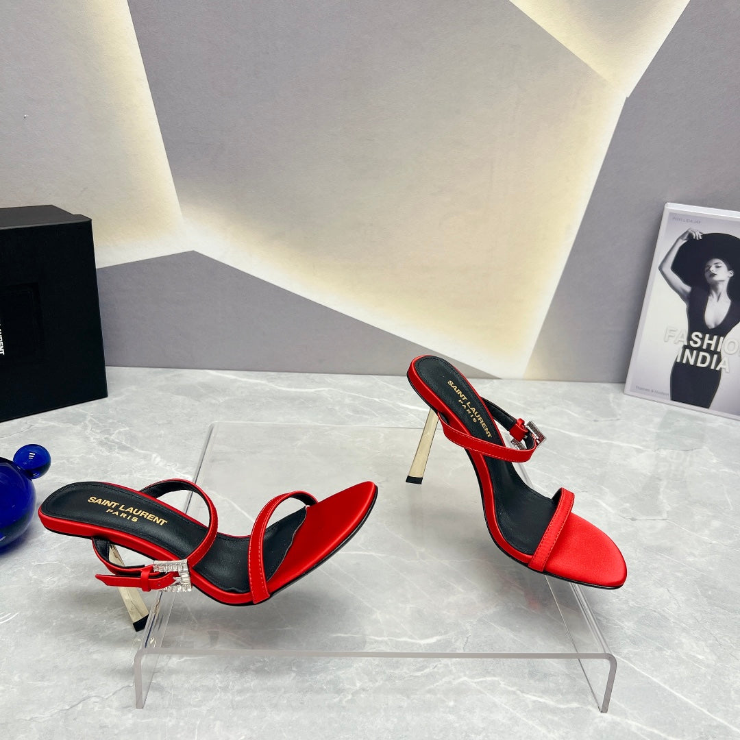 SL CRYSTAL BUCKLE HIGH HEELS RED SATIN - 35