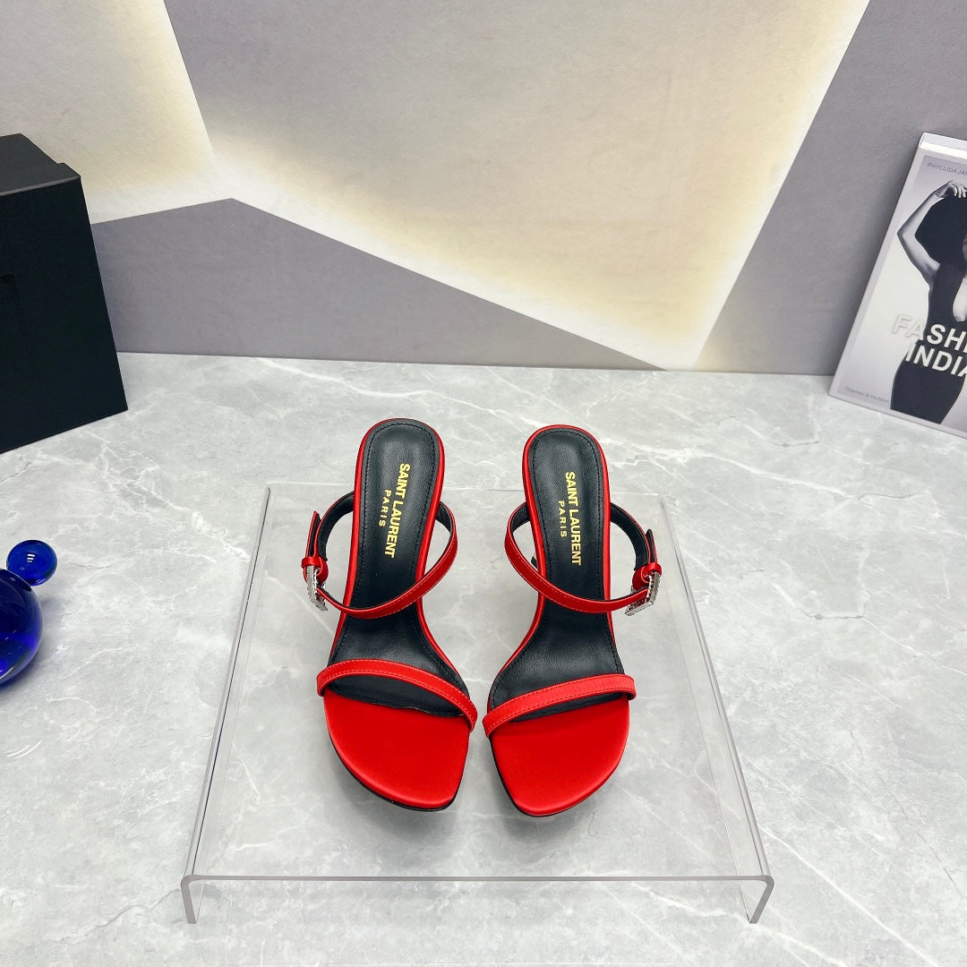 SL CRYSTAL BUCKLE HIGH HEELS RED SATIN - 35