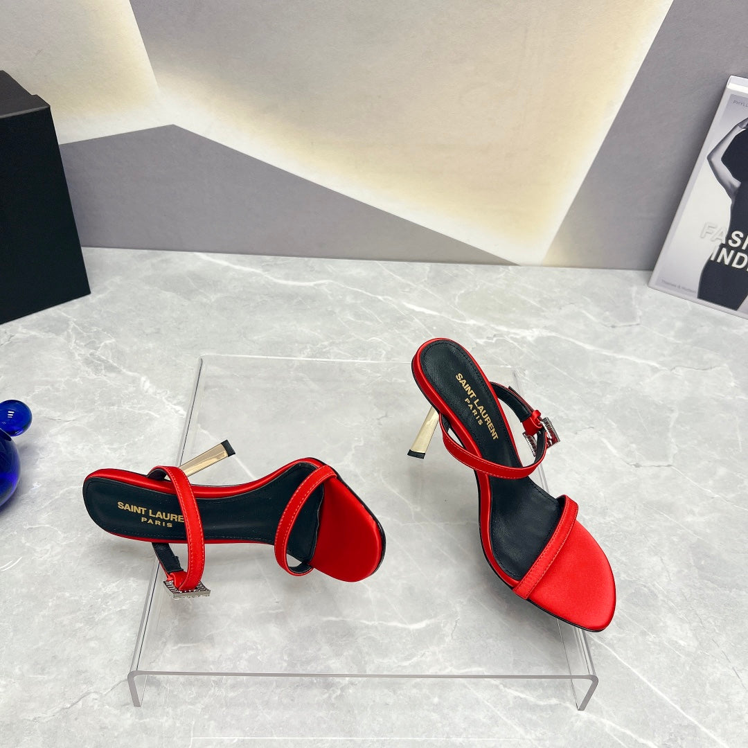 SL CRYSTAL BUCKLE HIGH HEELS RED SATIN - 35