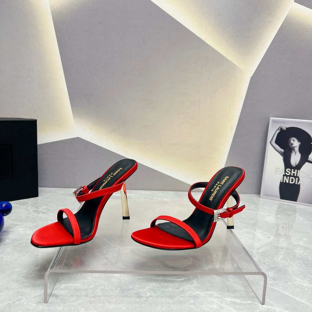 SL CRYSTAL BUCKLE HIGH HEELS RED SATIN - 35