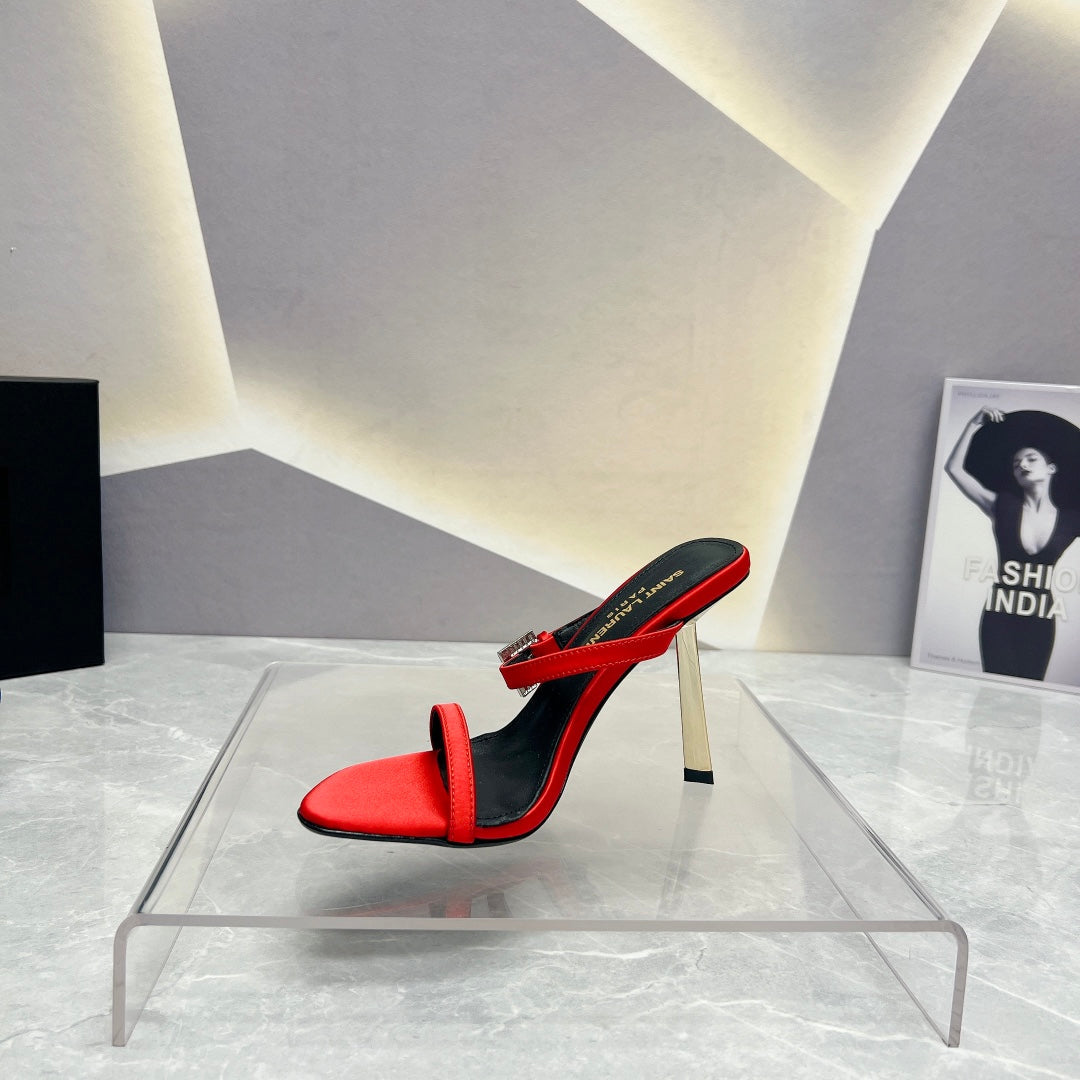SL CRYSTAL BUCKLE HIGH HEELS RED SATIN - 35