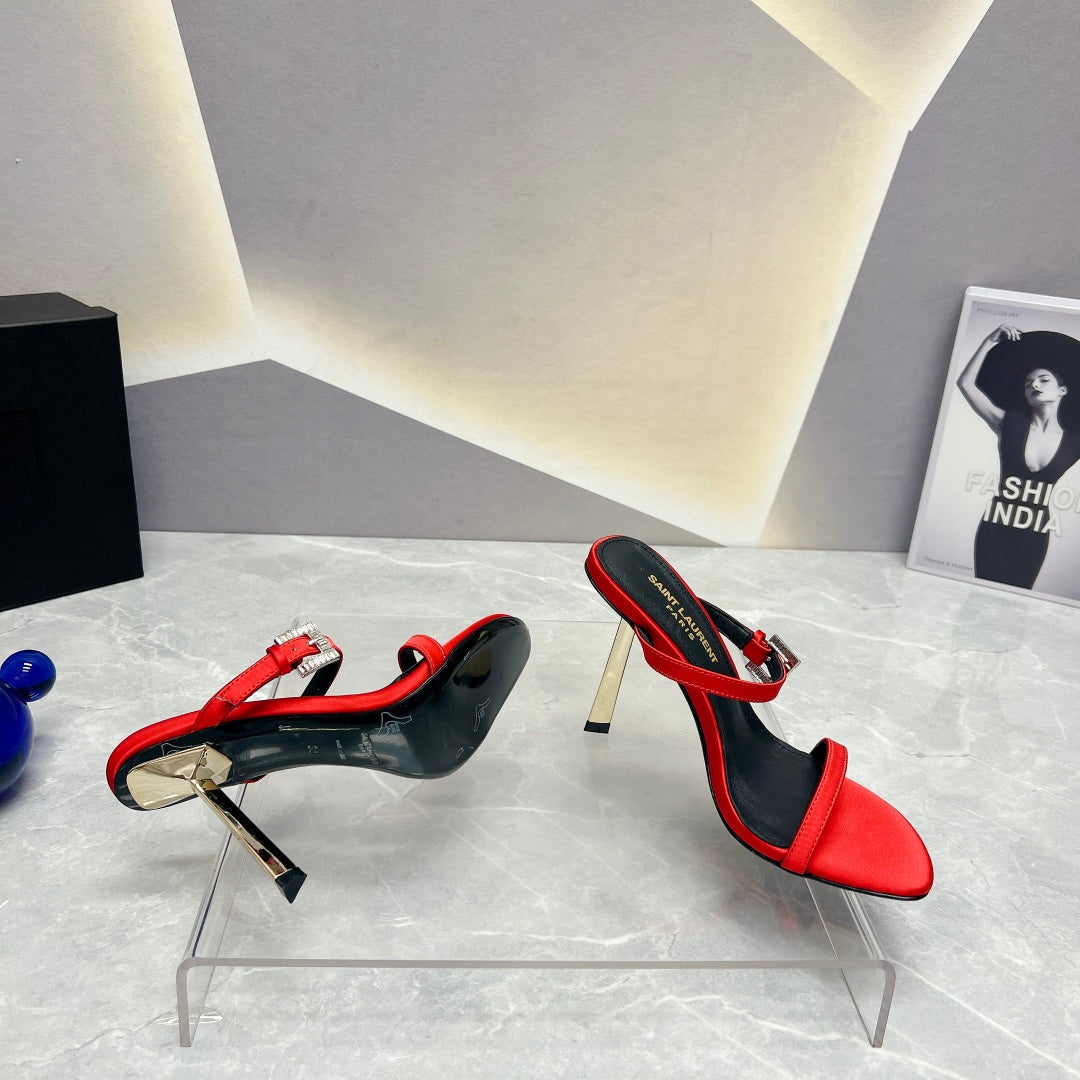 SL CRYSTAL BUCKLE HIGH HEELS RED SATIN - 35
