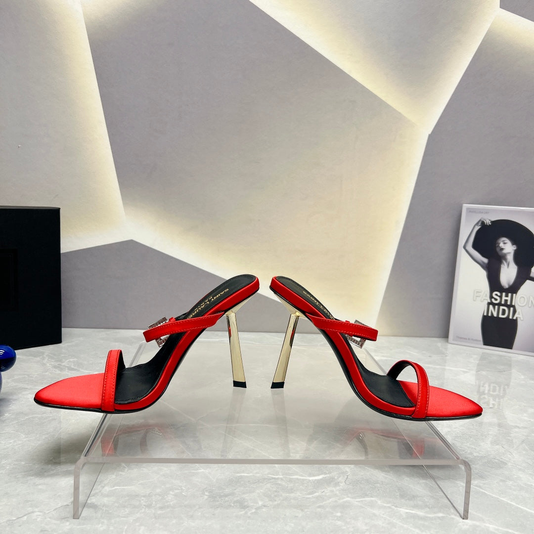 SL CRYSTAL BUCKLE HIGH HEELS RED SATIN - 35