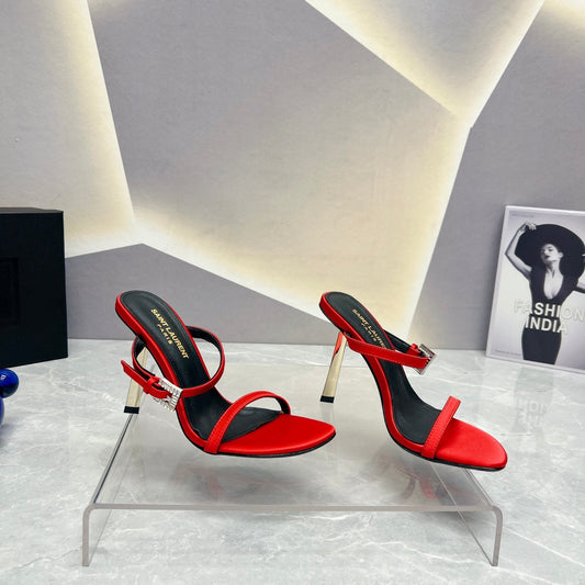 SL CRYSTAL BUCKLE HIGH HEELS RED SATIN - 35