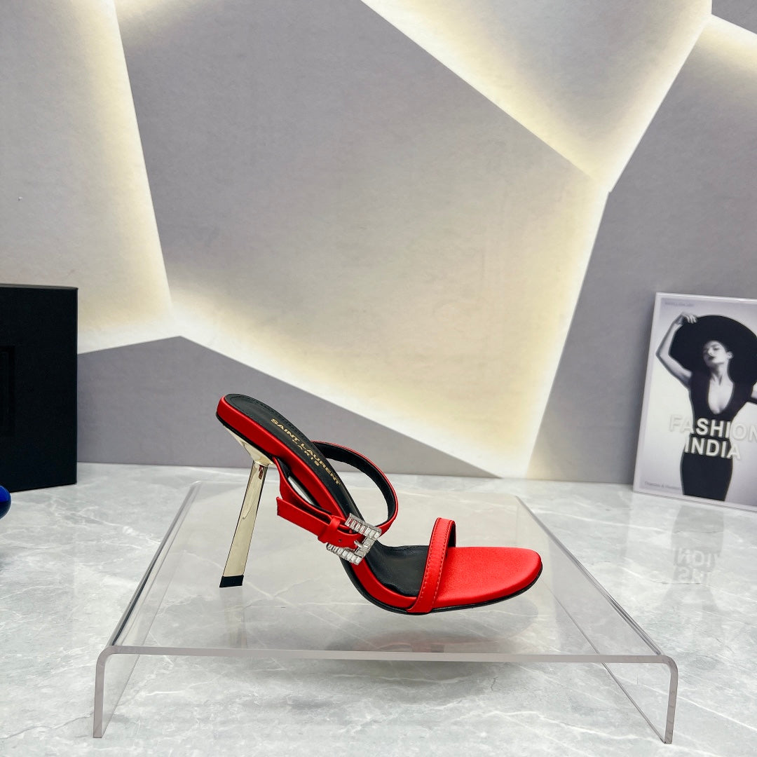 SL CRYSTAL BUCKLE HIGH HEELS RED SATIN - 35