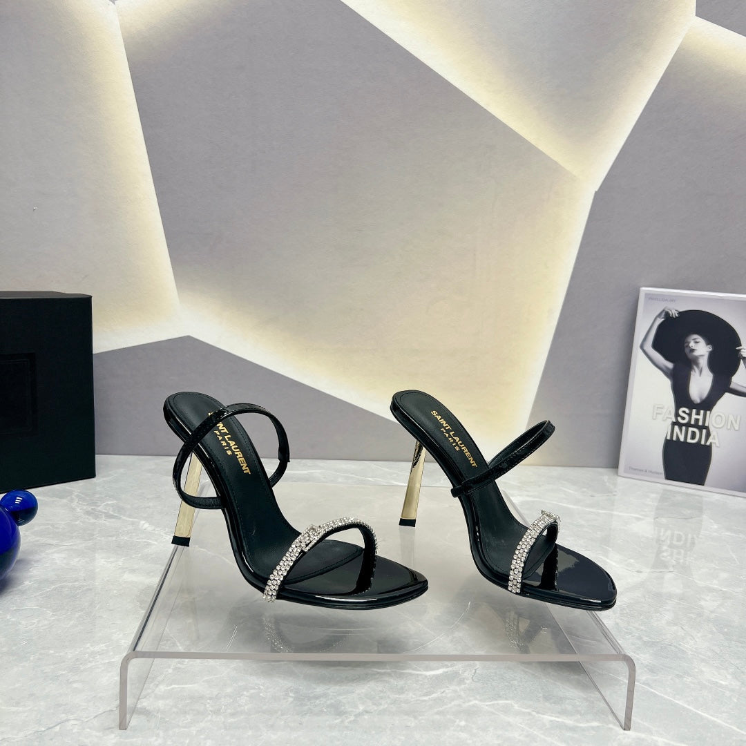 SL CRYSTAL THIN BELT HIGH HEELS BLACK CALFSKIN - 35