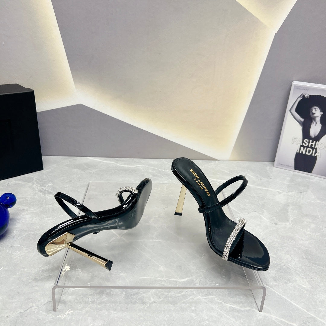 SL CRYSTAL THIN BELT HIGH HEELS BLACK CALFSKIN - 35