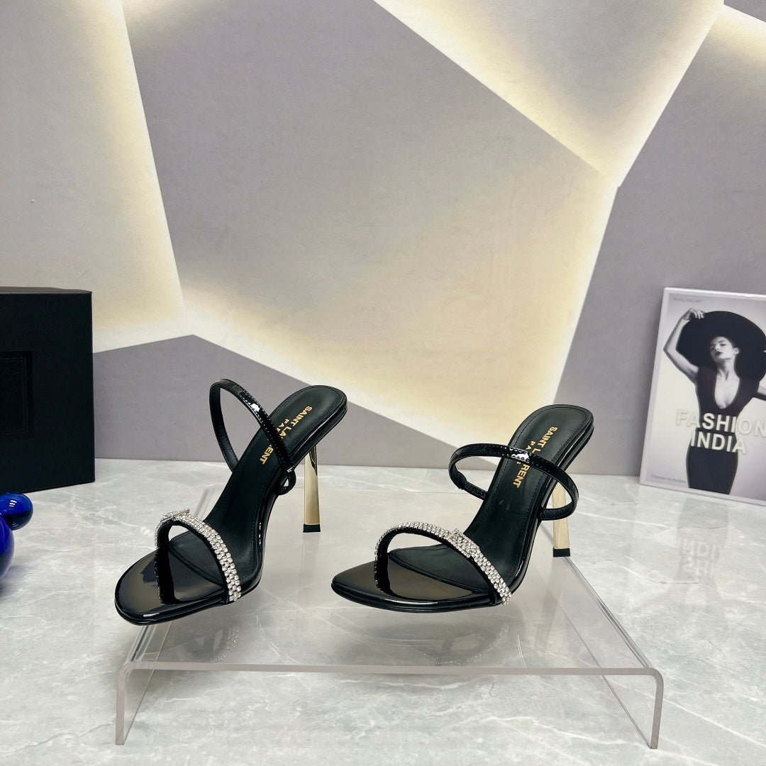SL CRYSTAL THIN BELT HIGH HEELS BLACK CALFSKIN - 35