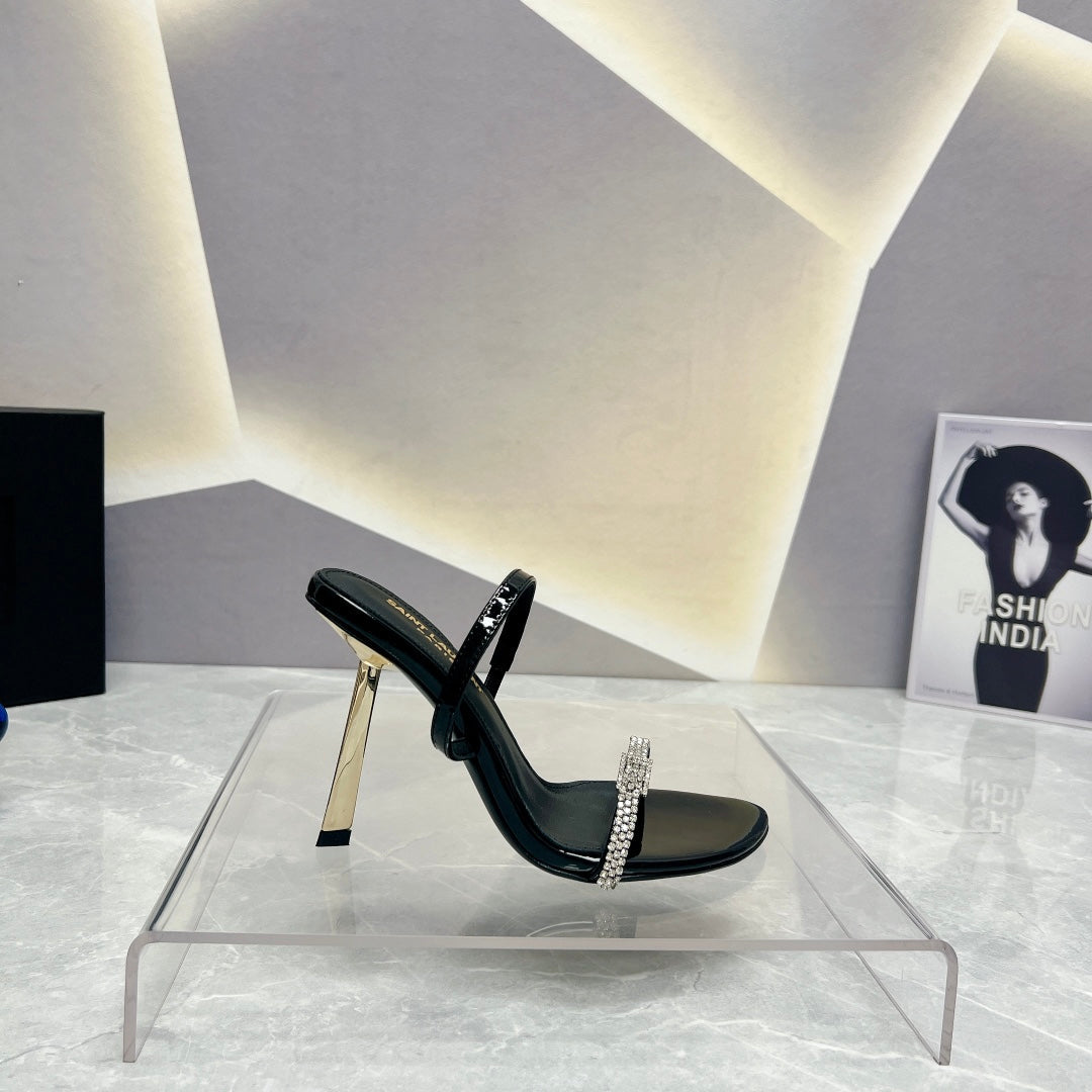 SL CRYSTAL THIN BELT HIGH HEELS BLACK CALFSKIN - 35