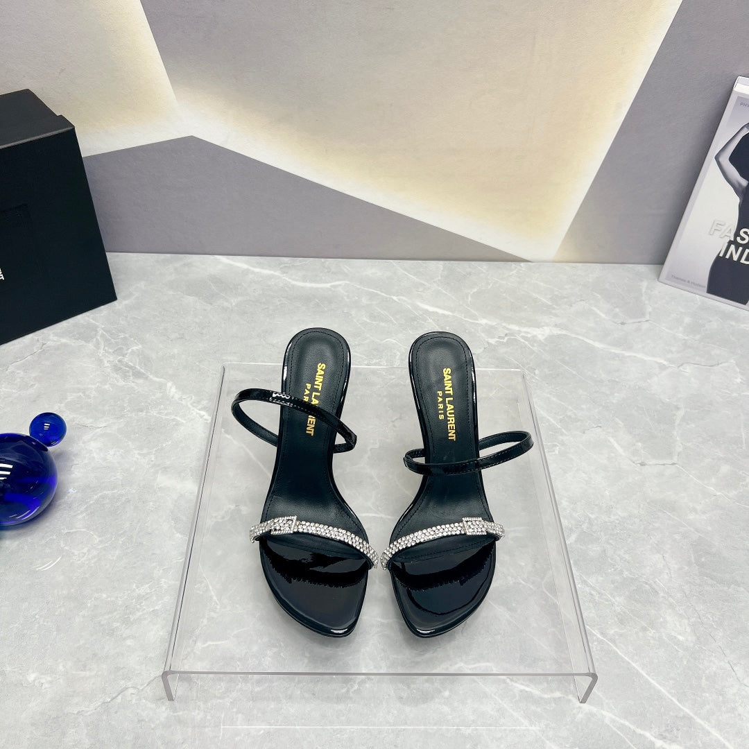 SL CRYSTAL THIN BELT HIGH HEELS BLACK CALFSKIN - 35