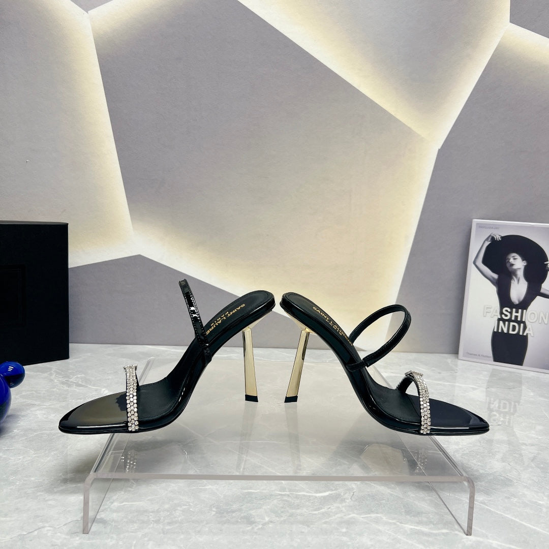 SL CRYSTAL THIN BELT HIGH HEELS BLACK CALFSKIN - 35
