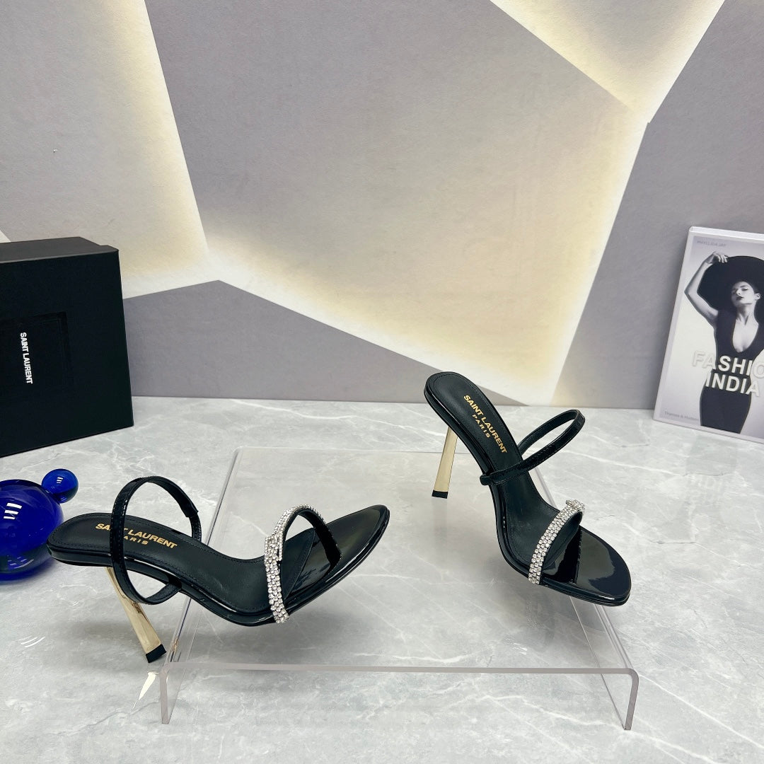 SL CRYSTAL THIN BELT HIGH HEELS BLACK CALFSKIN - 35
