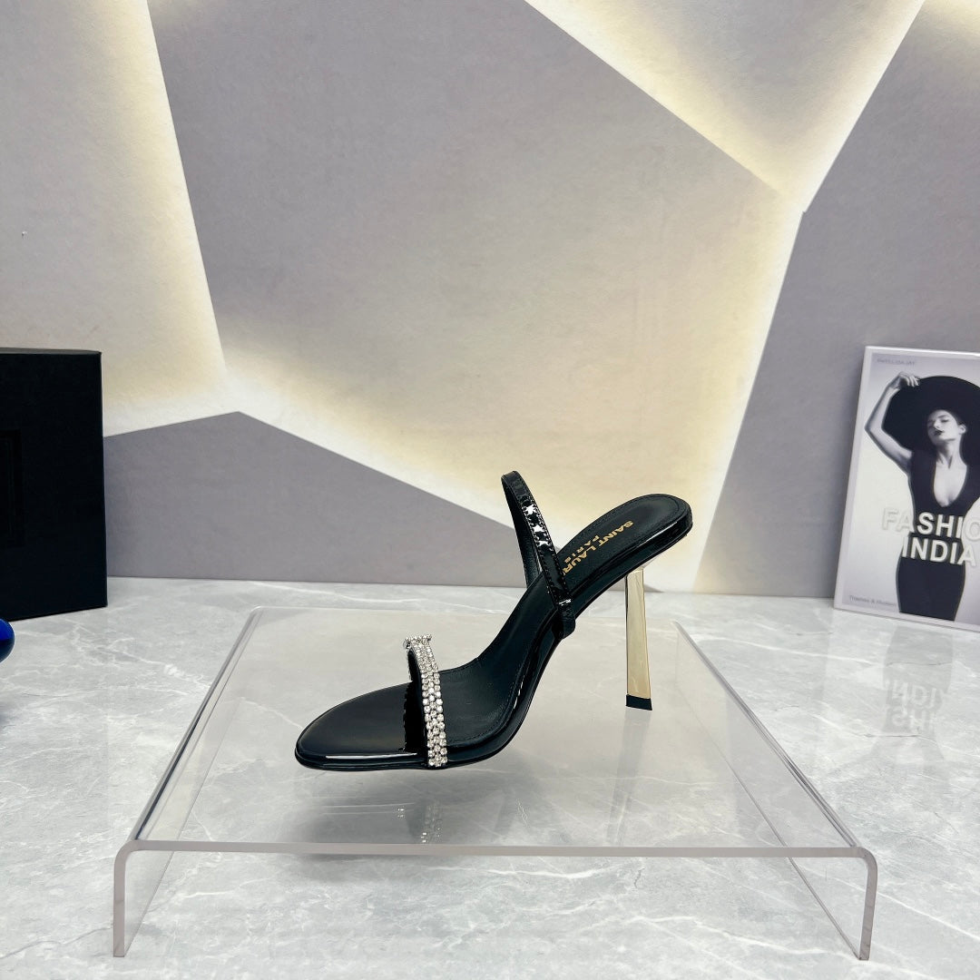 SL CRYSTAL THIN BELT HIGH HEELS BLACK CALFSKIN - 35