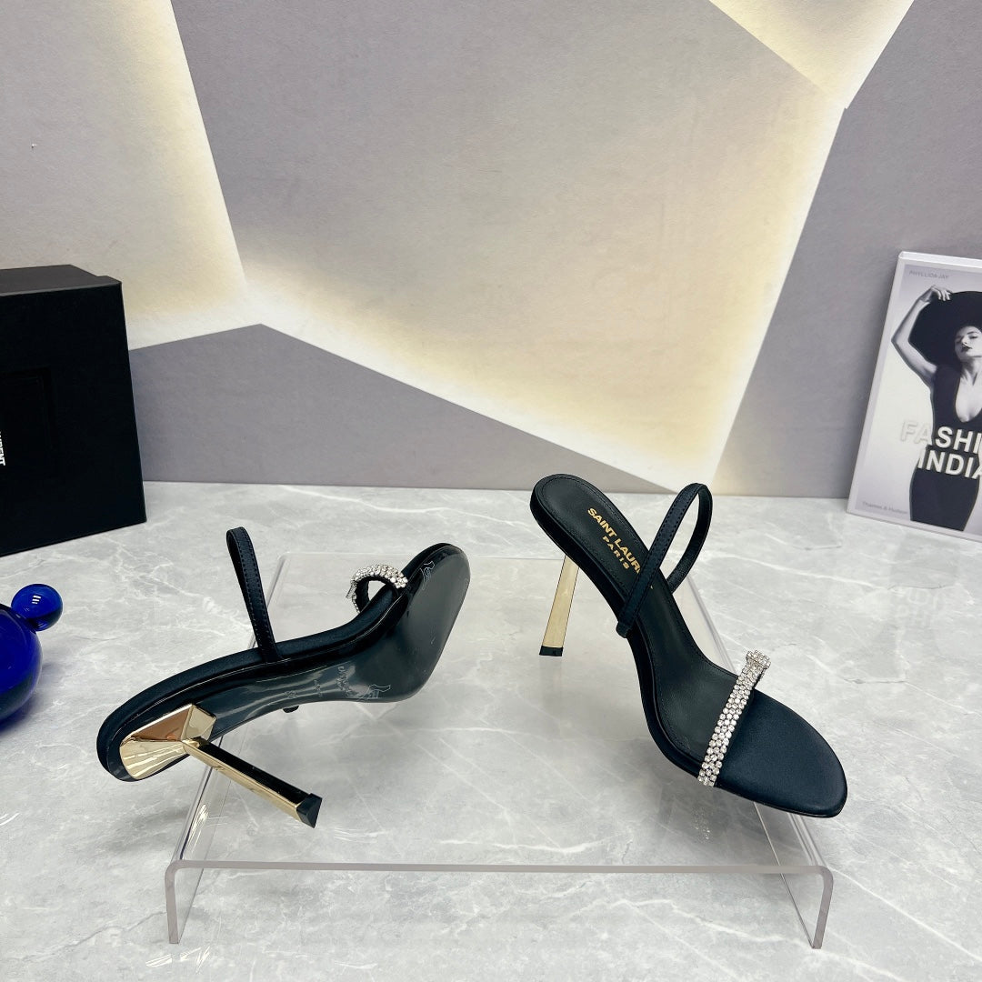 SL CRYSTAL THIN BELT HIGH HEELS BLACK SATIN - 35