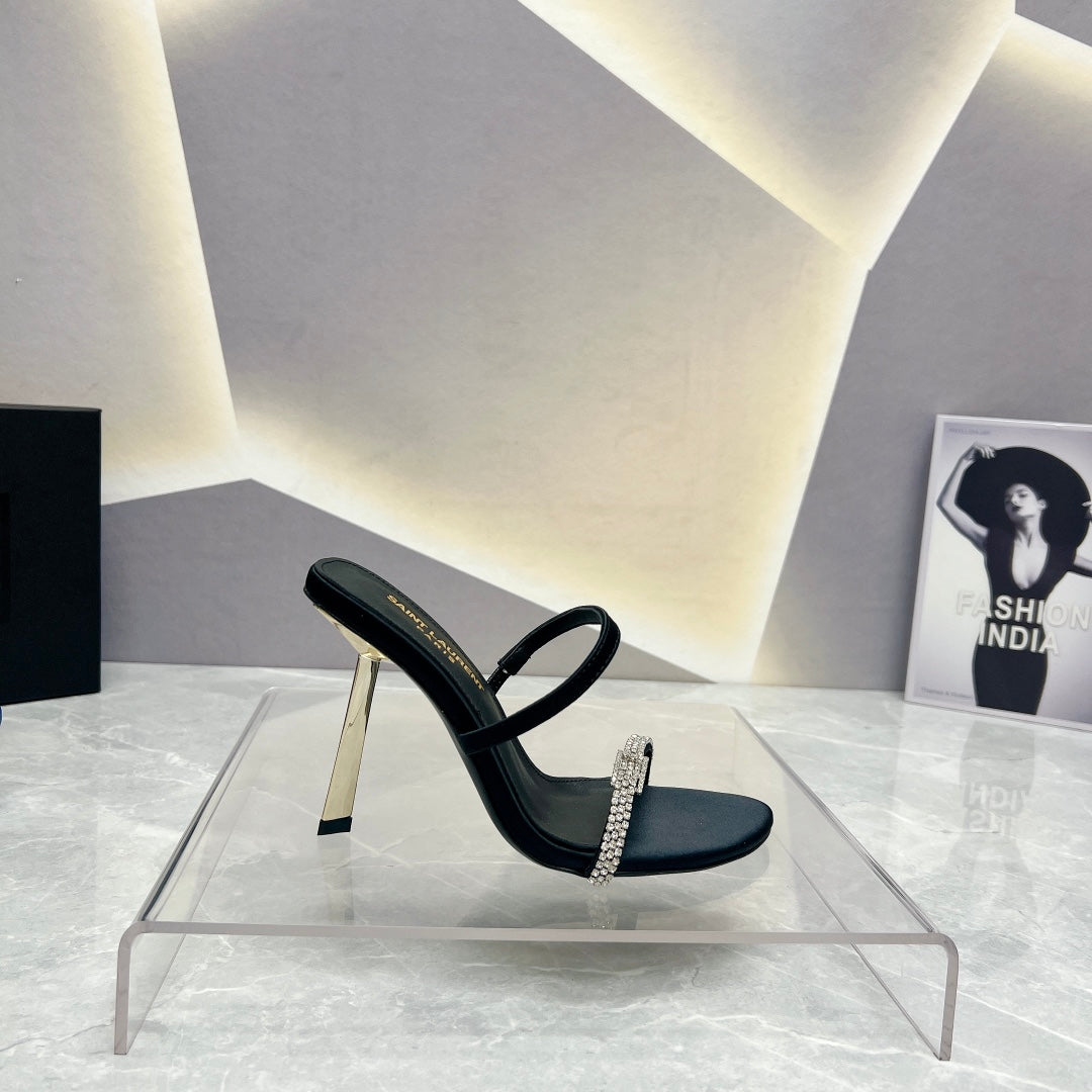 SL CRYSTAL THIN BELT HIGH HEELS BLACK SATIN - 35