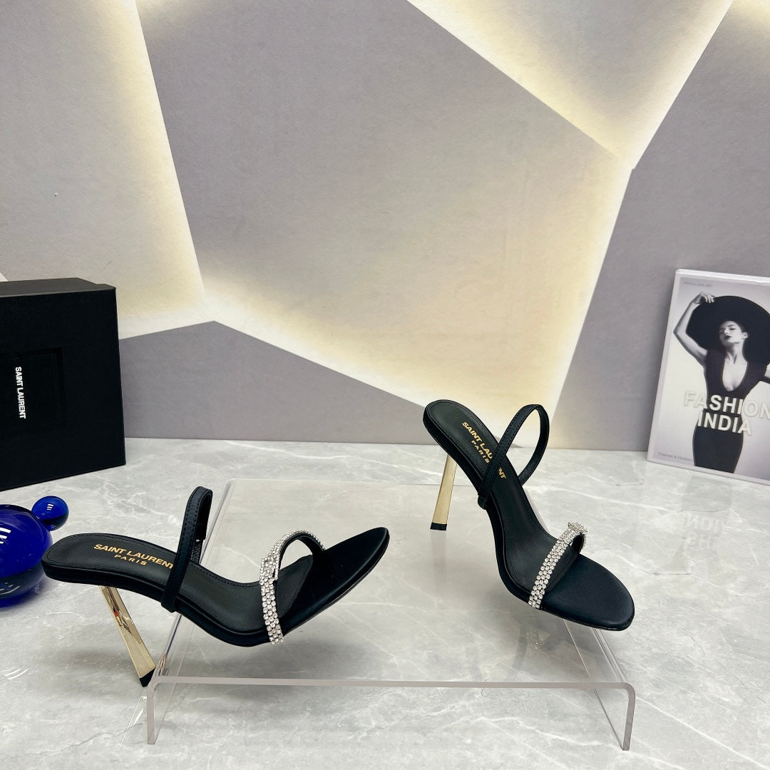 SL CRYSTAL THIN BELT HIGH HEELS BLACK SATIN - 35