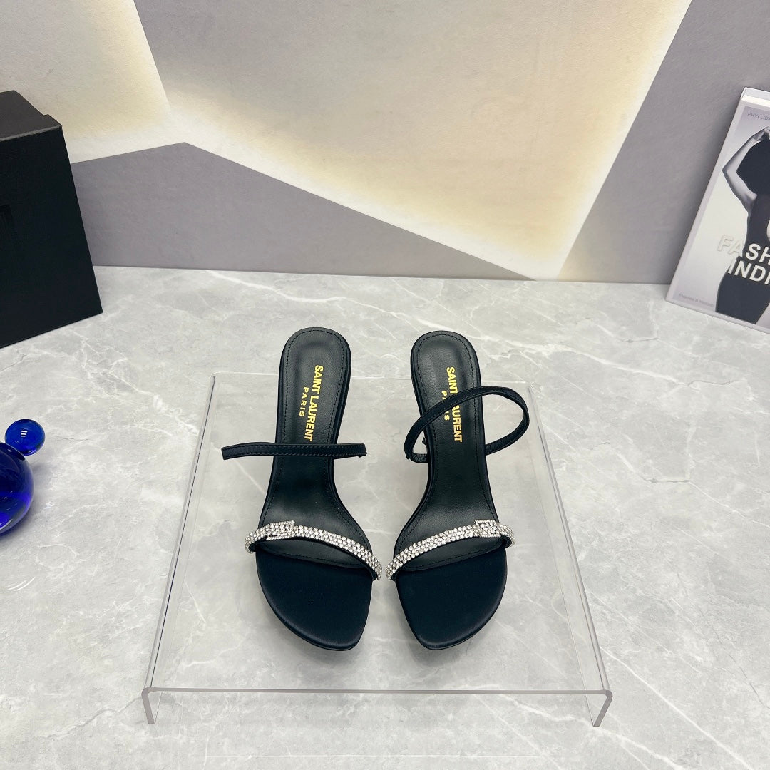 SL CRYSTAL THIN BELT HIGH HEELS BLACK SATIN - 35
