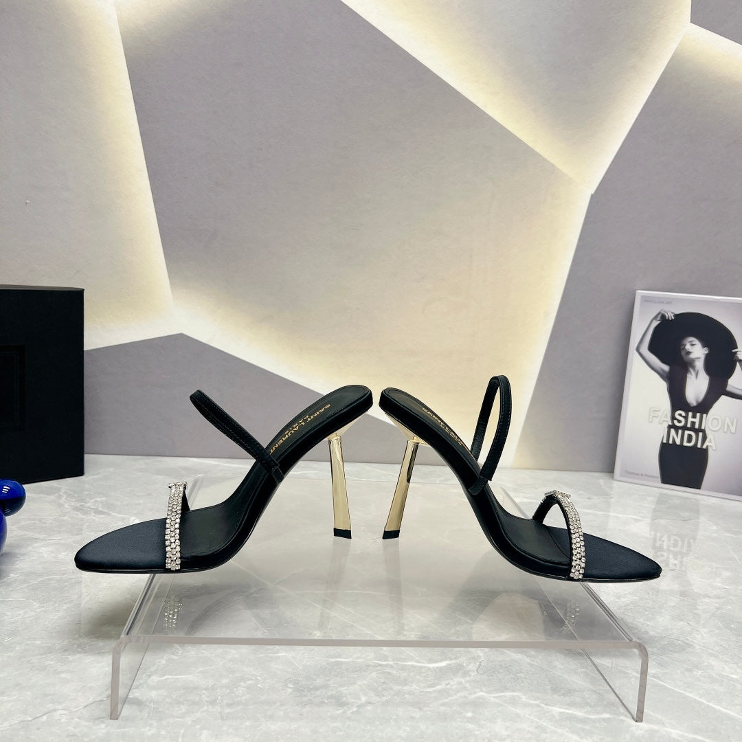 SL CRYSTAL THIN BELT HIGH HEELS BLACK SATIN - 35