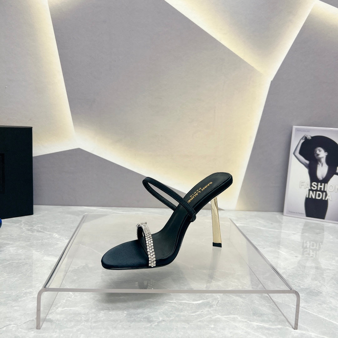 SL CRYSTAL THIN BELT HIGH HEELS BLACK SATIN - 35