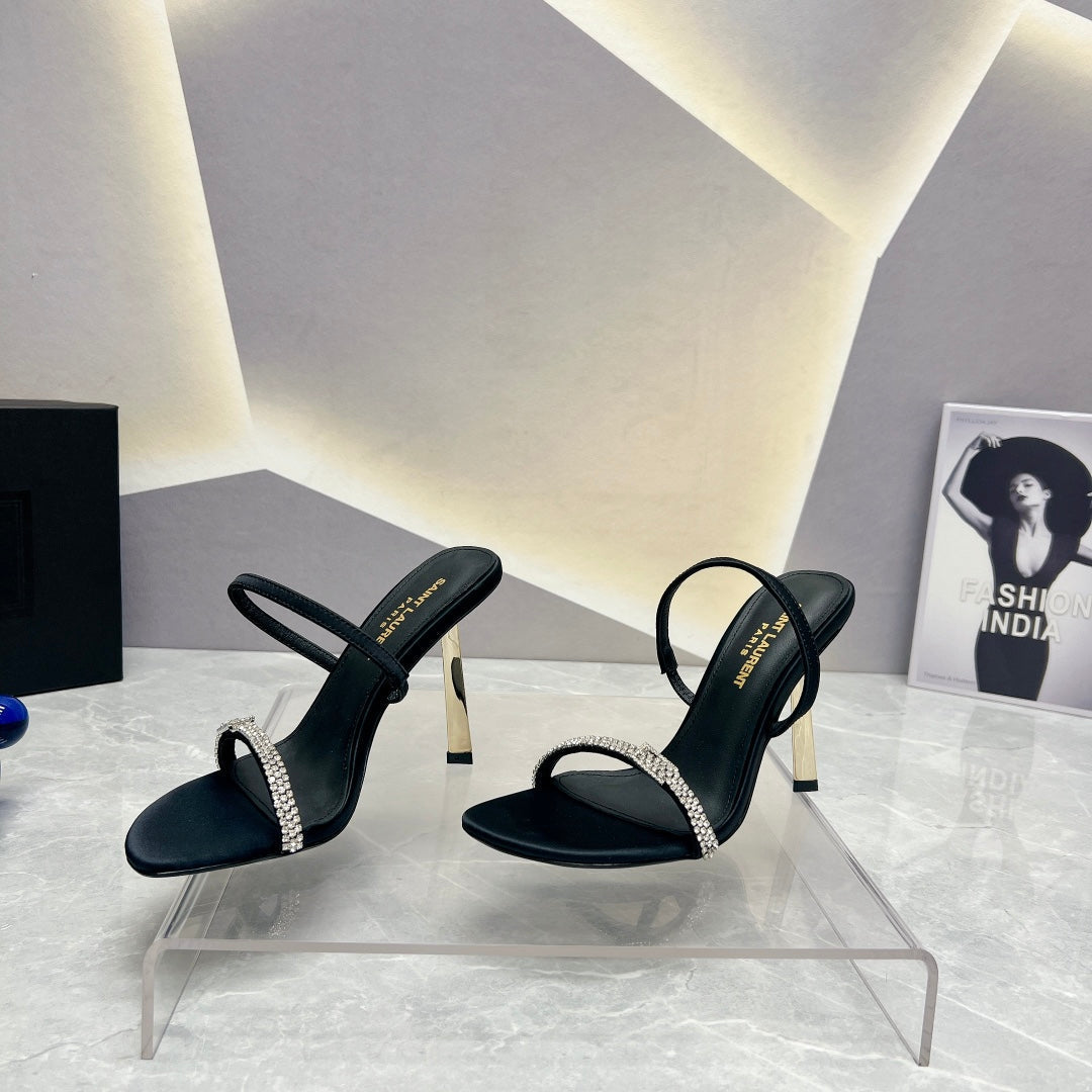 SL CRYSTAL THIN BELT HIGH HEELS BLACK SATIN - 35